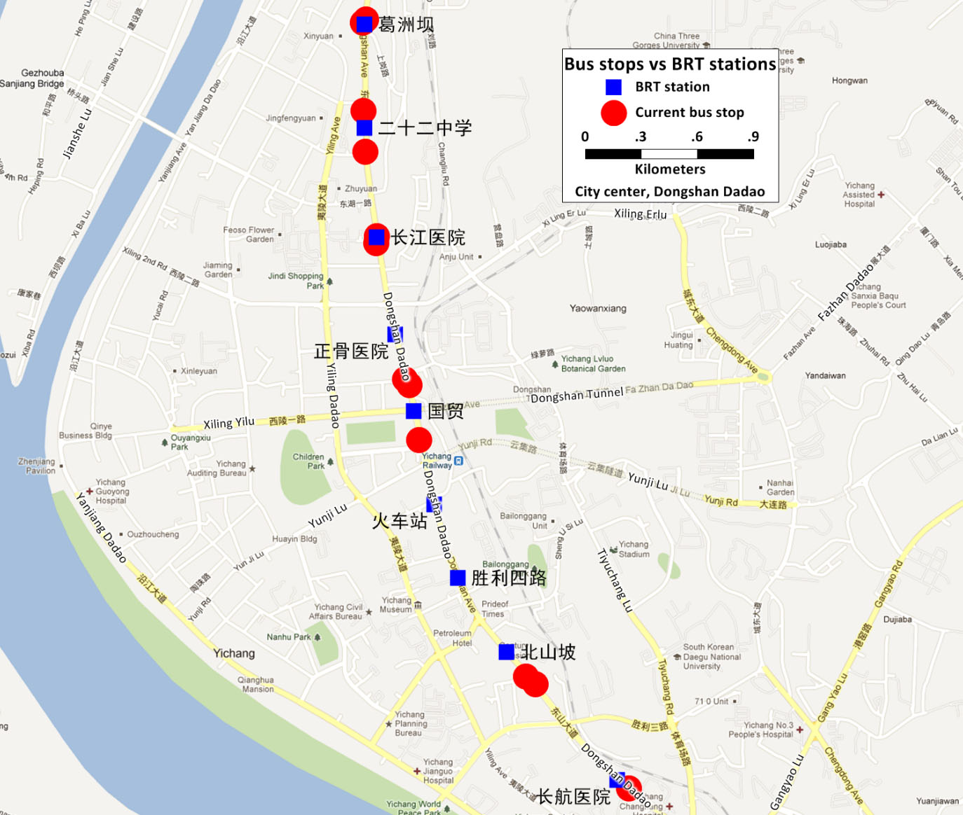 Fig. 25.52 Current bus stops and proposed BRT stations by ITDP-China in the Yichang center area.