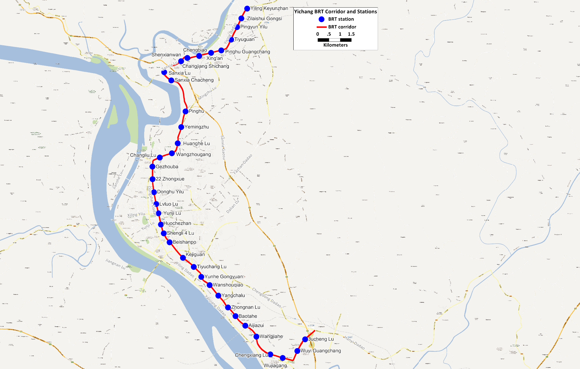 Fig. 25.50 The high capacity BRT system in Yichang, with larger stations, averages 645 meters between stations.