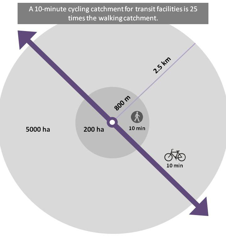 Fig. 31.2 Cycling catchment area compared to walking catchment area.