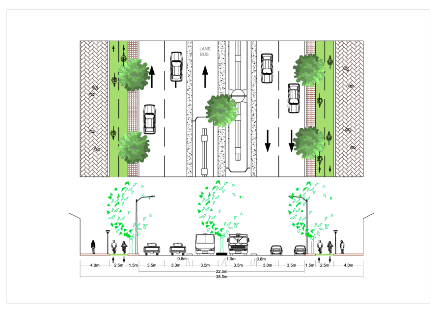 Fig. 22.17 Plan and section view of Stretch 5 at a width of 38.5 meters.