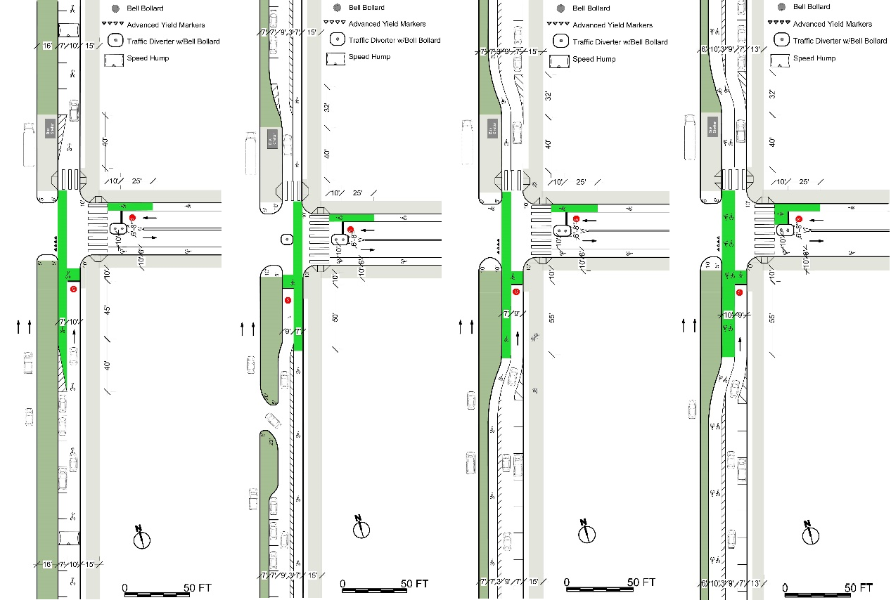 Fig. 31.13 Plan view of four options for locating bicycle facilities in the service road of a multi-way boulevard (from left): bike lane only at intersections; bike lane on right side; bike lane on left side against median; and two-way bike lane on left side against median.