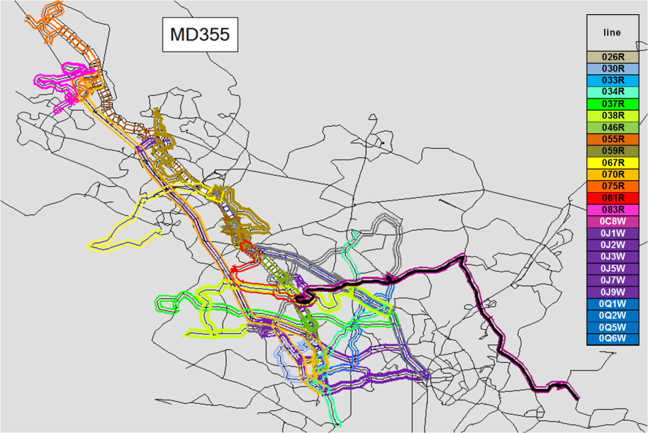 Fig. 4.1 The figure above is a map of all the bus routes affecting the Maryland Route 355 Corridor in Montgomery County, Maryland, taken from GTFS data.