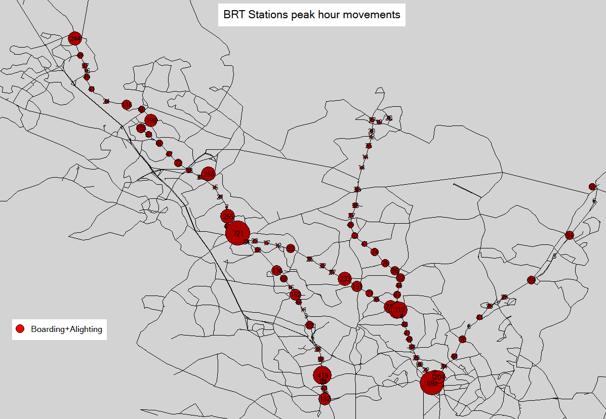 Fig. 4.13 An example of peak hour existing boarding and alighting numbers mapped onto some possible BRT corridors based on APC data from Montgomery County, Maryland.