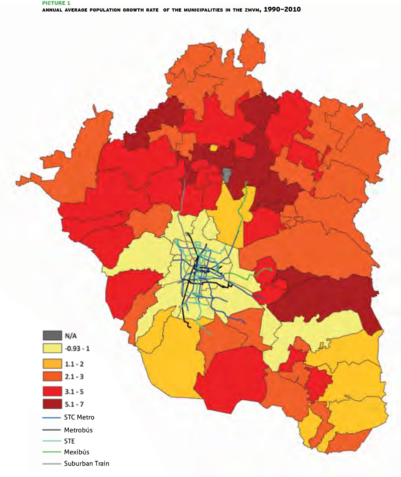 Fig. 33.7 The disconnect between where urban growth is occurring in Mexico City and where rapid transit is startling.