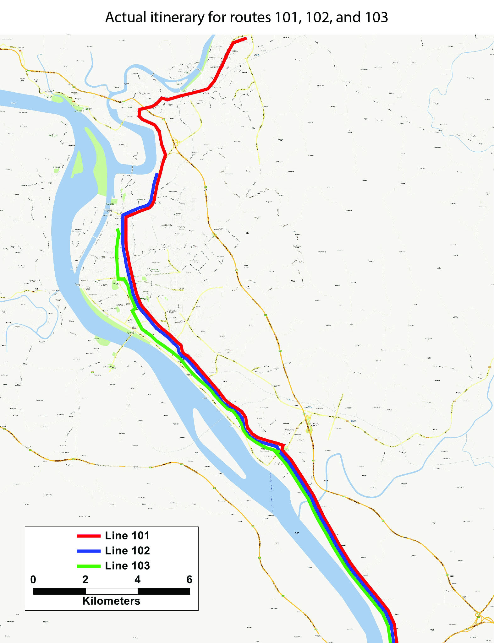 Fig. 6.70 Yichang overlapping services can be maintained only in the CBD doubling frequency in the high demand part of the corridor, while limiting total route length to minimize irregularity.