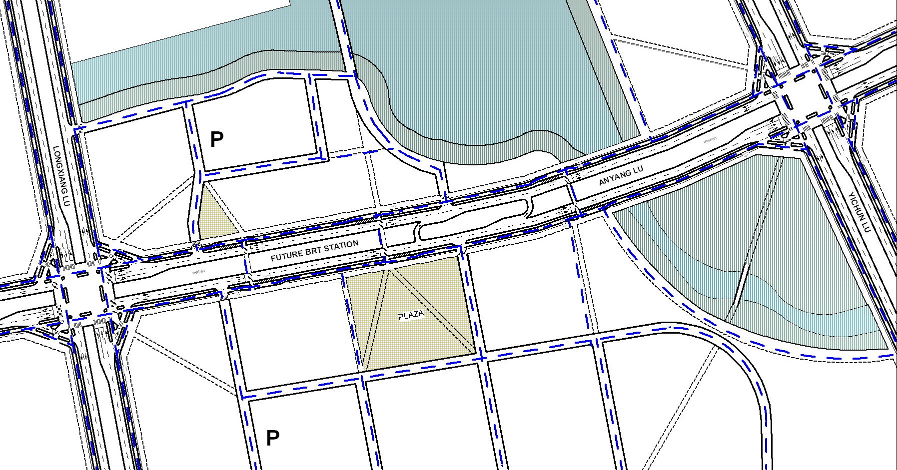 Fig. 31.6 A design for a bicycle network in tandem with a BRT network in Harbin, China. Bicycle routes are denoted by dotted blue lines.