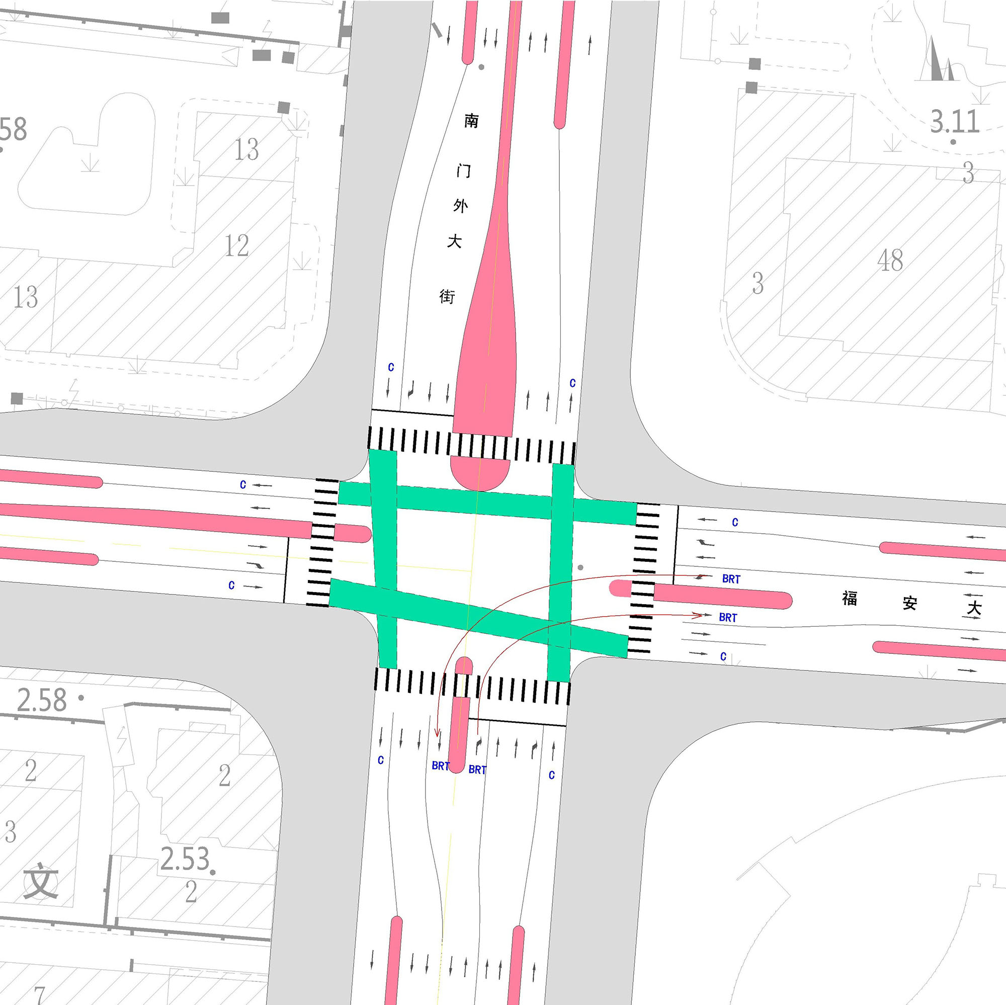Fig. 31.23 A design for cycle lanes and BRT at an intersection in Tianjin, China. Note the green bike lanes extend through the intersection, and that the side medians end, allowing for a center median.