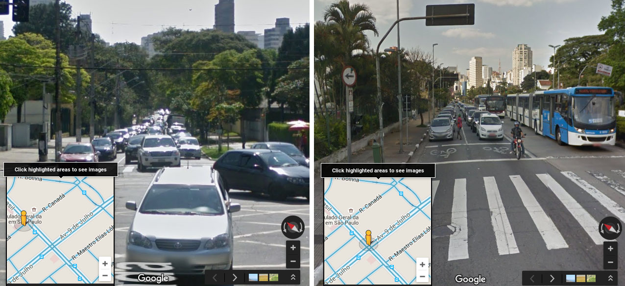 Fig. 24.47 Auxiliary street (left) has higher mixed-traffic capacity than the main corridor (right) in São Paulo.