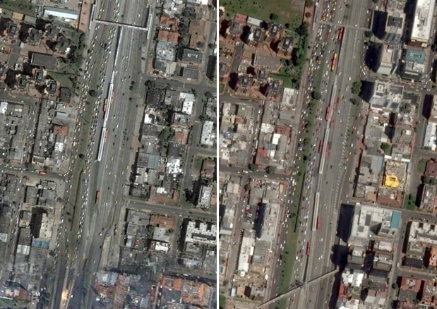 Fig. 25.35 The image on the left is the Calle 100 station in 2005 with just two sub-stops, but space for more. The image on the right is the same station in 2013 with an additional sub-stopn having been added due to increased demand.