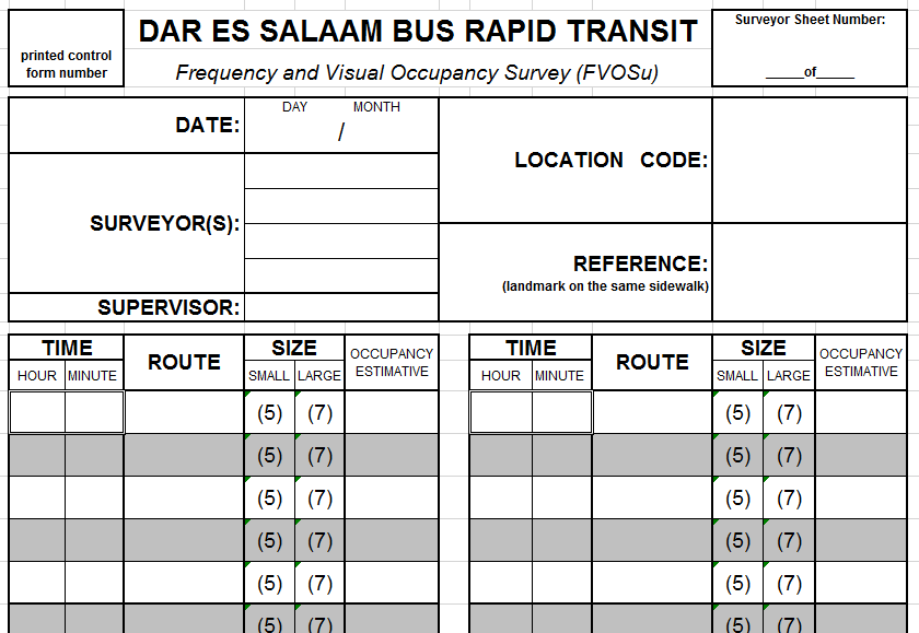 Fig. 4.4 Example of a visual occupancy data collection sheet that was utilized in Dar es Salaam, Tanzania. Surveyors were trained to estimate the number of customers on a bus, according to its size. This method has no disadvantage when compared with the traditional method of informing occupancy percentage in increments of 25 percent.