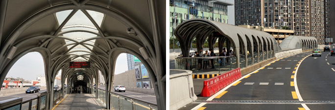 Fig. 25.56 BRT station interior and exterior in Chengdu, which features stations with several different architectural styles. The skylight helps to ensure a bright interior and the walls curve downward.