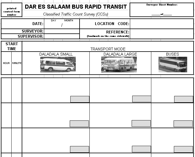 Fig. 4.5 Example of a public transport count data collection sheet that was utilized in Dar es Salaam.